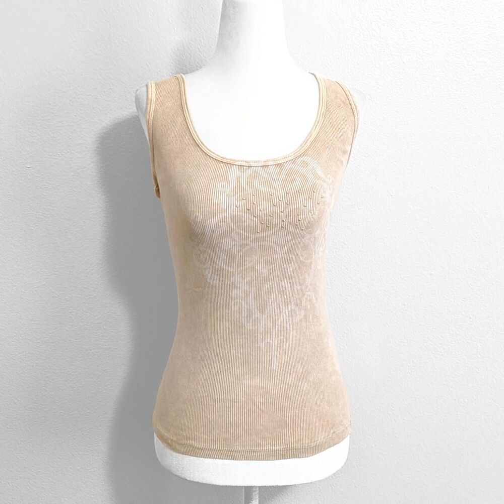 2000s Xcit USA Y2K Cream Floral Rhinestone Embellished Tank Top | Size S